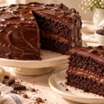 Homemade Matilda chocolate cake covered with thick chocolate ganache and showing a moist chocolate sponge.