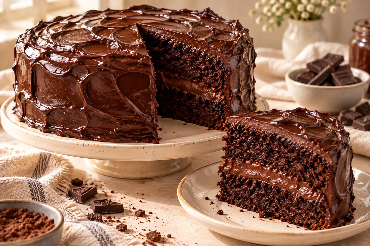 Homemade Matilda chocolate cake covered with thick chocolate ganache and showing a moist chocolate sponge.