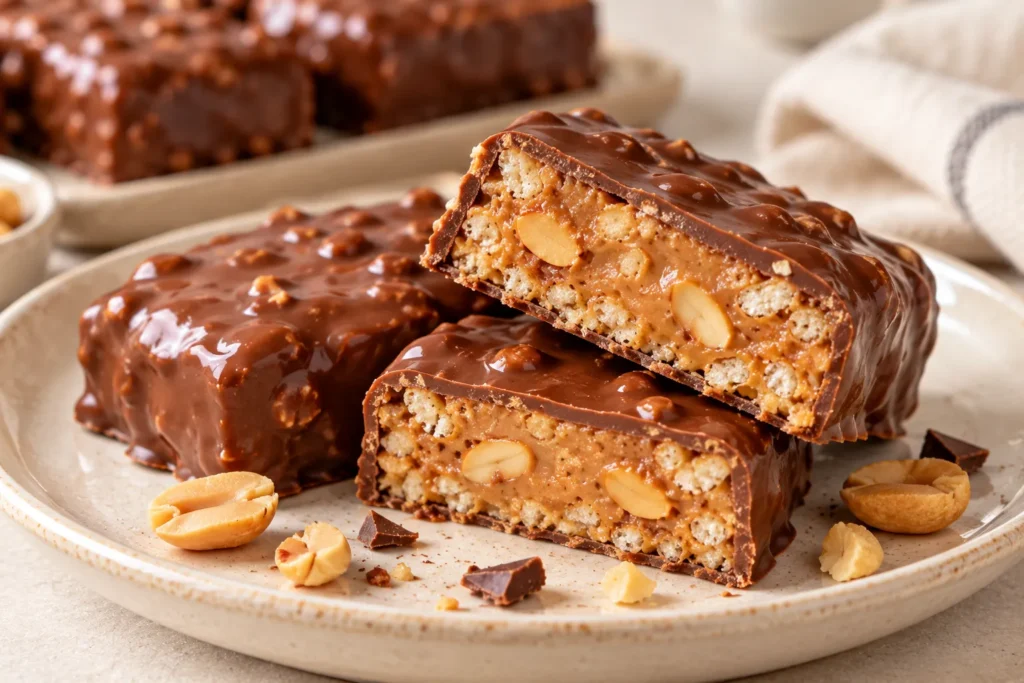 Cut chocolate peanut bar revealing a creamy peanut butter center with crunchy roasted peanuts beneath a glossy chocolate shell.