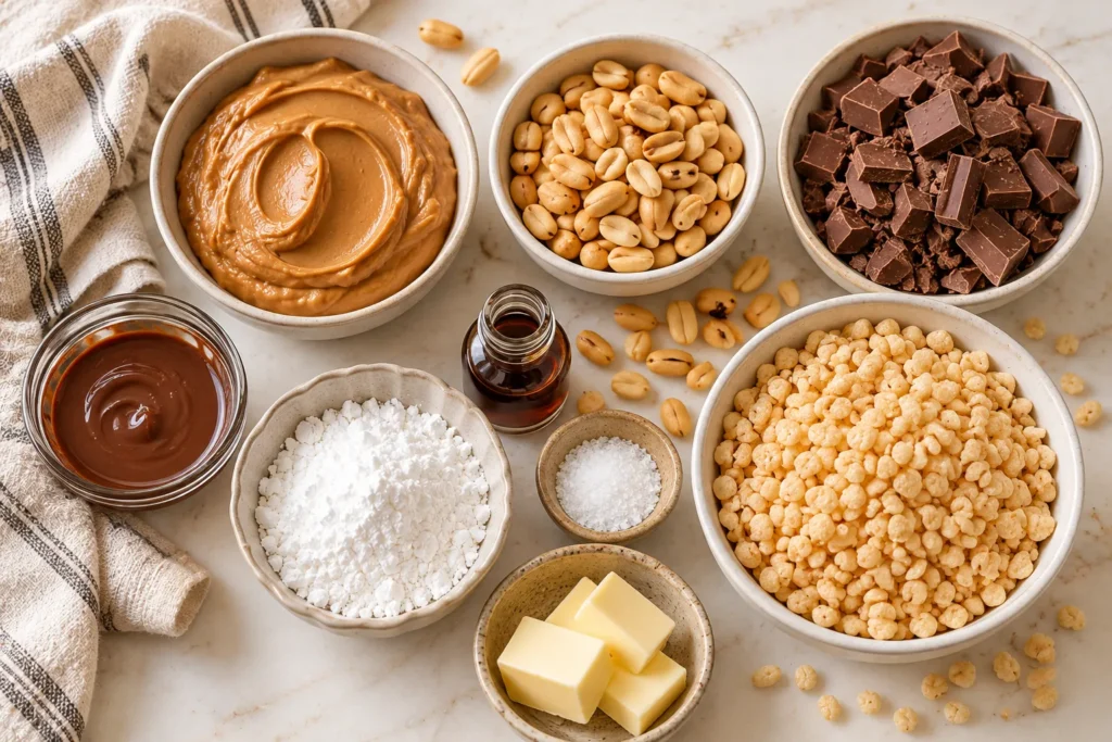 Peanut butter, roasted peanuts, chocolate, butter, powdered sugar, and crispy rice cereal for homemade chocolate peanut bars.