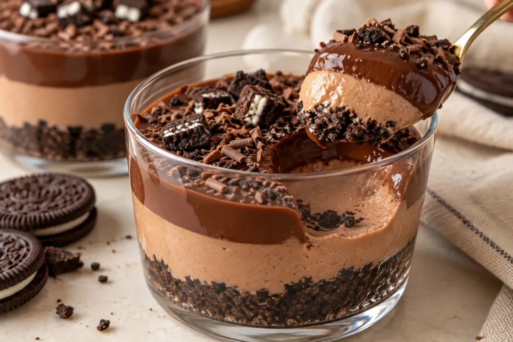 Spoonful of triple-layer chocolate pudding showing the Oreo base, creamy Milo middle, and dark chocolate topping.