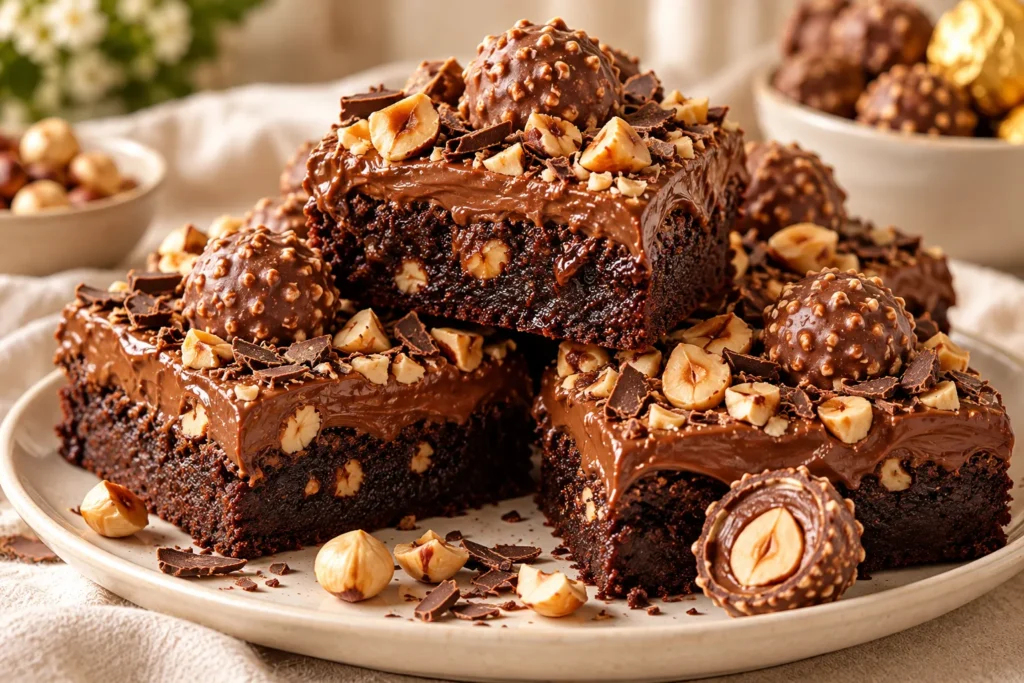 Fudgy Ferrero Rocher brownies topped with chocolate-hazelnut ganache, roasted hazelnuts, and chocolate pieces.