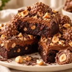 Fudgy Ferrero Rocher brownies topped with chocolate-hazelnut ganache, roasted hazelnuts, and chocolate pieces.