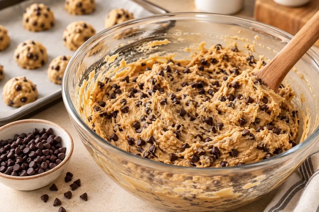 Homemade mini chocolate chip cookie dough mixed with chocolate chips in a glass bowl.