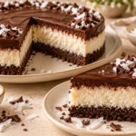 Creamy shredded coconut filling mixed with condensed milk for no-bake chocolate coconut cake.