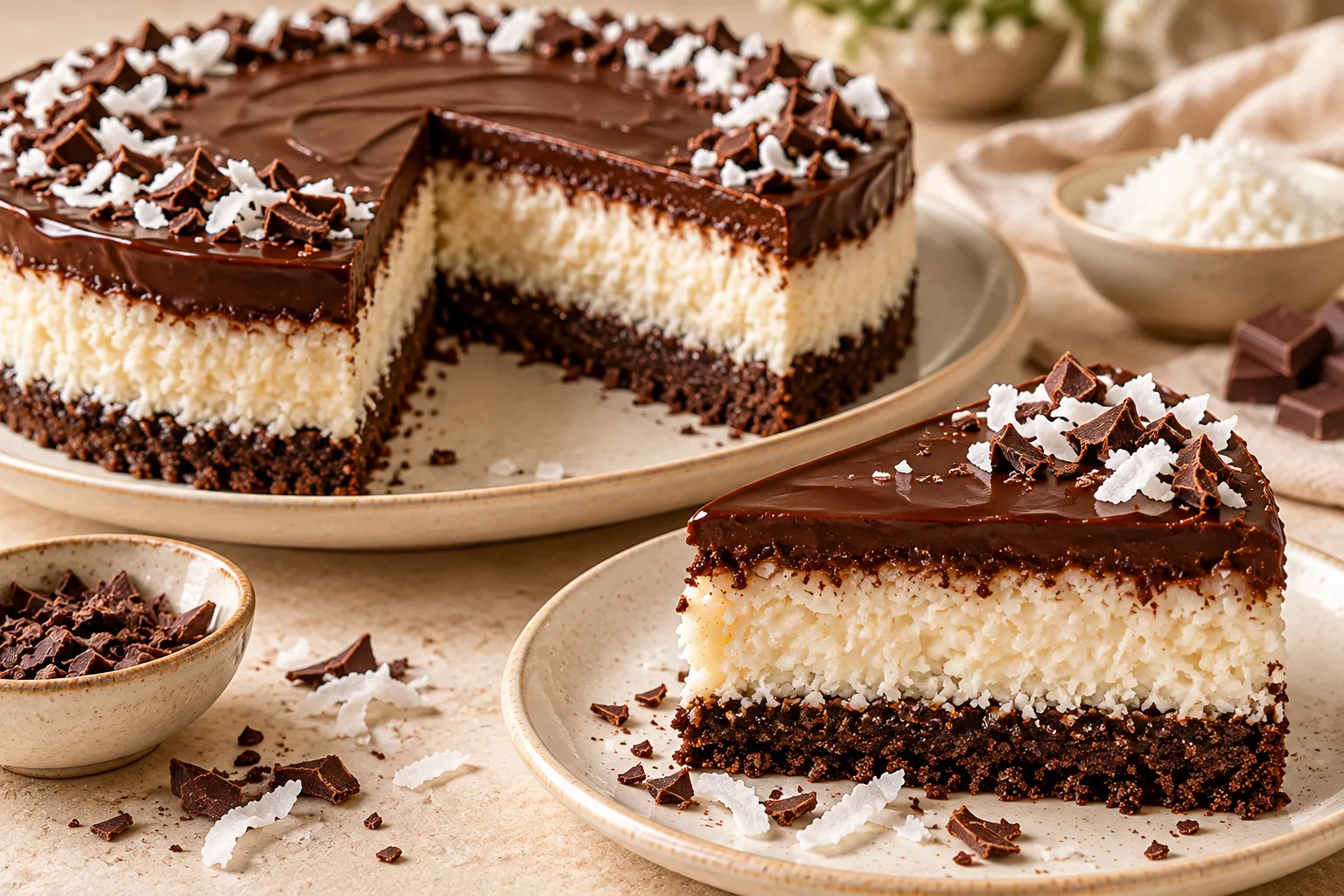 Creamy shredded coconut filling mixed with condensed milk for no-bake chocolate coconut cake.