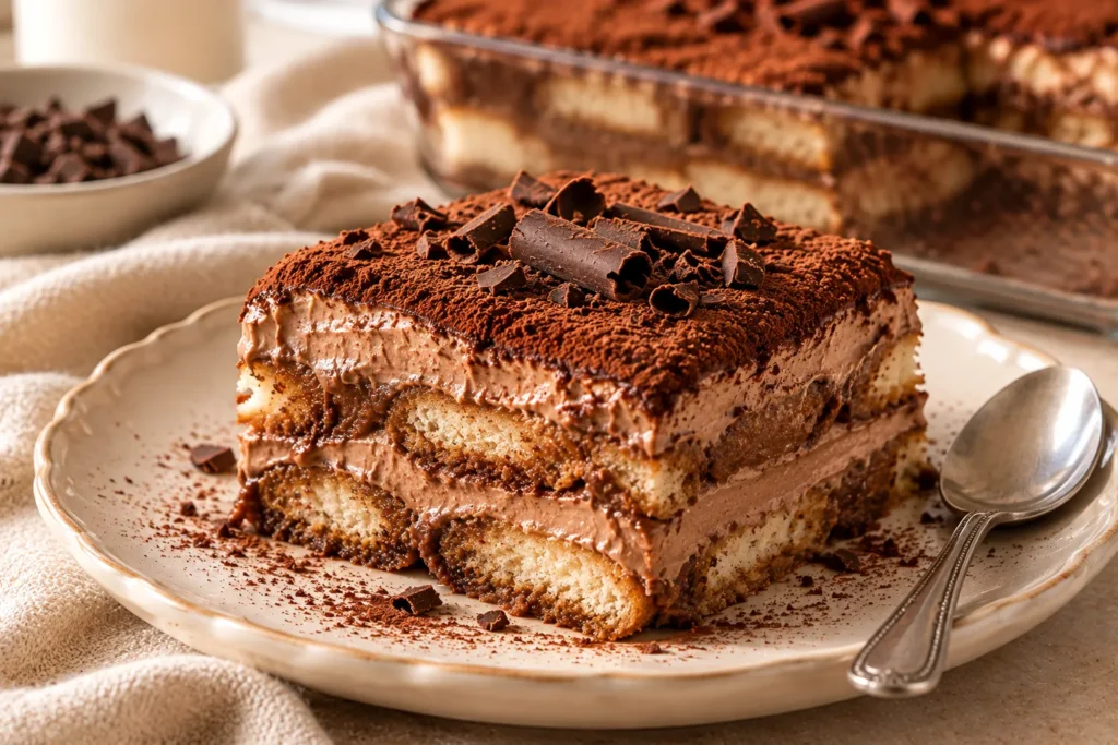 A serving of no-bake chocolate tiramisu showing creamy chocolate filling and tender biscuit layers.