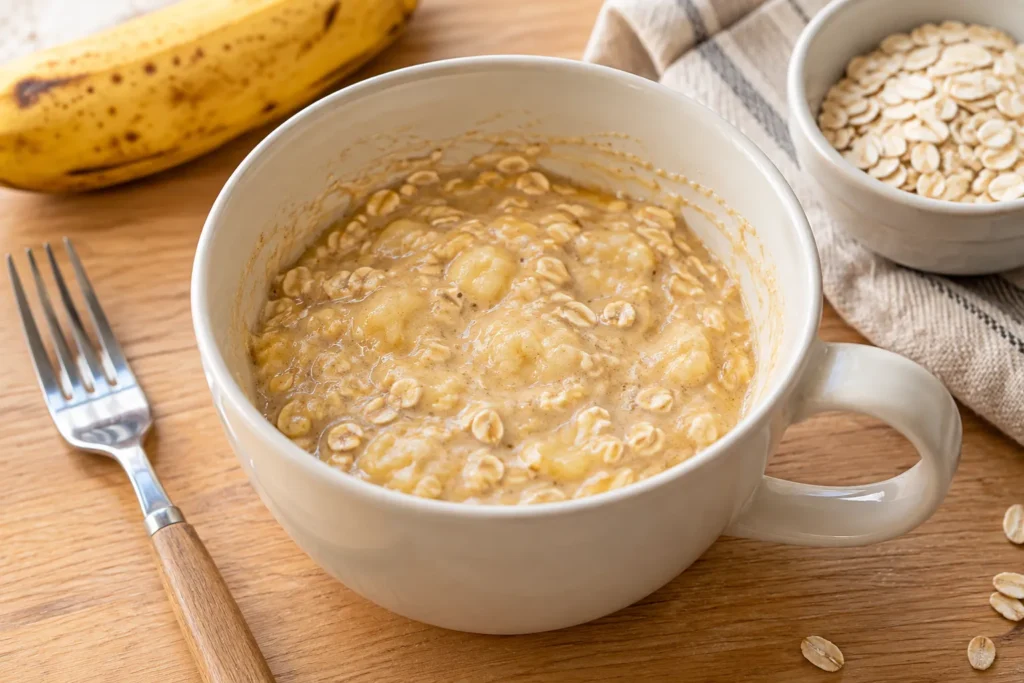 Mashed banana, egg, and oats mixed together in a mug to prepare banana oat cake.
