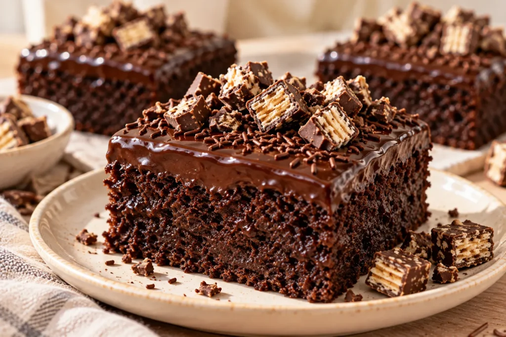 Close-up of a moist steamed chocolate brownie topped with chocolate glaze, sprinkles, and wafer pieces.
