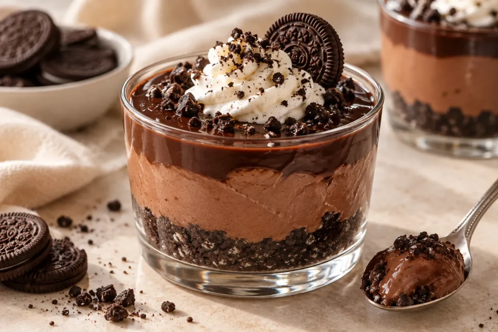 Close-up of Oreo chocolate pudding layers topped with chocolate ganache, whipped cream, and cookie crumbs.
