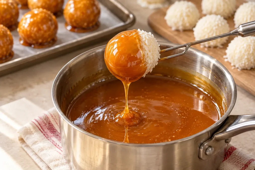 Coconut candy being coated in glossy golden caramel to create crispy Bala Baiana.