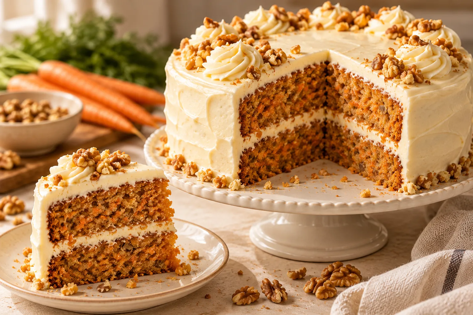Bakery-style homemade carrot cake with cream cheese frosting and a moist spiced carrot crumb.