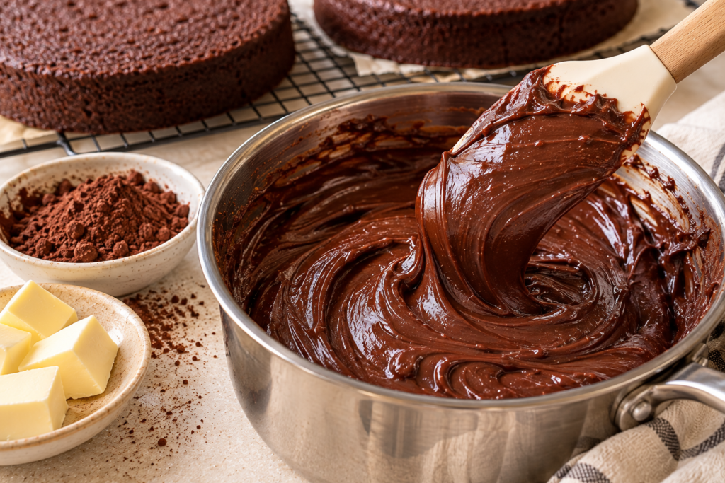 Ingredients for chocolate fudge cake, including cocoa powder, flour, eggs, buttermilk, butter, and evaporated milk.