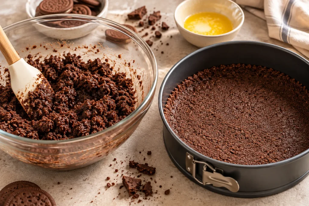 Creamy coconut filling being spread over a chocolate biscuit crust in a no-bake cake pan.